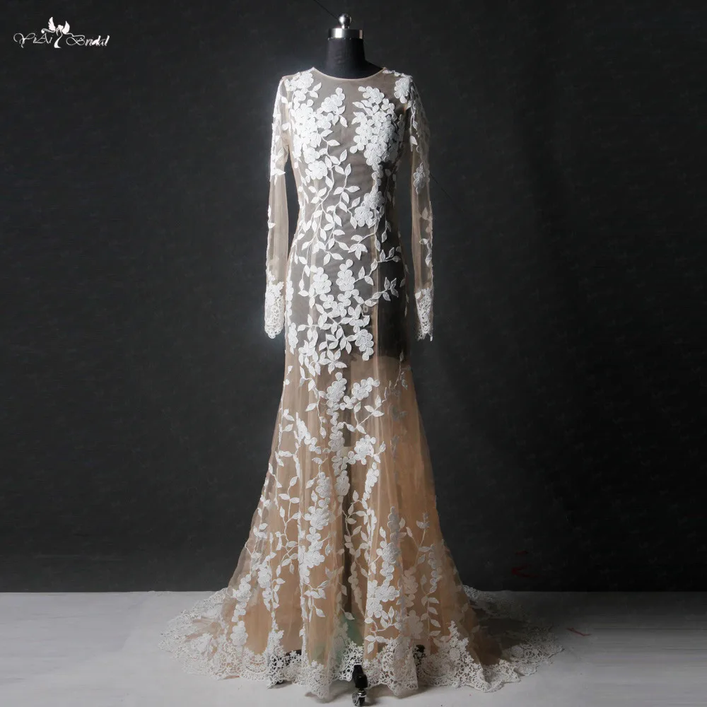 RSW1138 реальные фотографии Yiaibridal прозрачный тюль слоновой кости листья шаблон Кружева Русалка свадебное платье с длинным рукавом