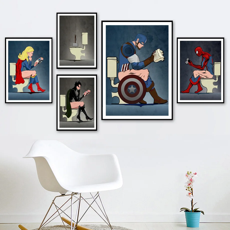 

Super Hero Spiderman Captain America Girl Wall Art Canvas Painting Nordic Poster Art Prints Wall Pictures Toilet Bathroom Decor