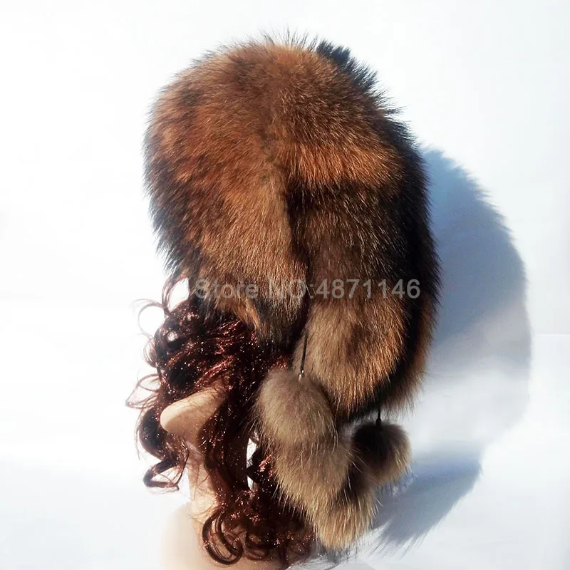 

New women lady Winter warm Russian female Bomber Real Raccoon Fur hat Trapper Pompom Ushanka genuine fur Hats Skullies Beanies