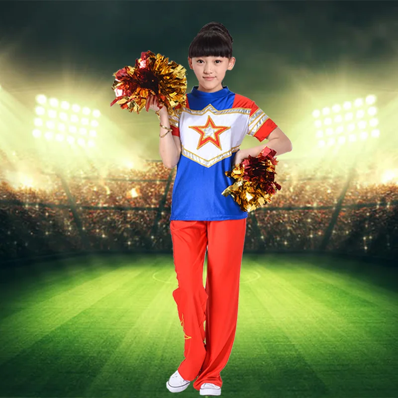 قصيرة الأكمام الأزرق الكرة المشجع زي الاطفال فستان رقص للفتيات الفتيان الحديثة أزياء رقص للأطفال قمم + تنورة قصيرة الأكمام الأزرق الكرة المشجع زي الاطفال فستان رقص للفتيات الفتيان الحديثة أزياء رقص للأطفال قمم + تنورة