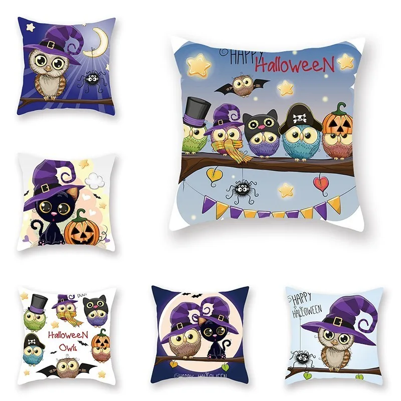 

Owl Halloween Cushion Cover Cartoon Animal Bird Printed Polyester Pillow Case Decoration Home Office Throw Pillow Cover 45X45 CM