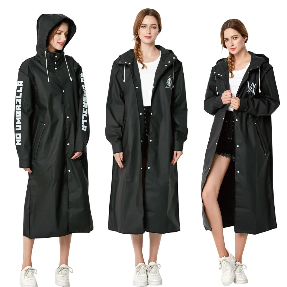 

Fashion women men waterproof big black long EVA thick hood Raincoat jacket Outdoor travel Impermeable rainwear with handbag