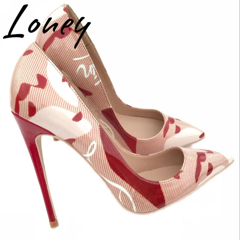 

Loney New Spring Summer Sexy Pointed Toe Women Pumps Comfortable Slip on Printed Floral Thin HIgh Heels Wedding Pumps Shoes
