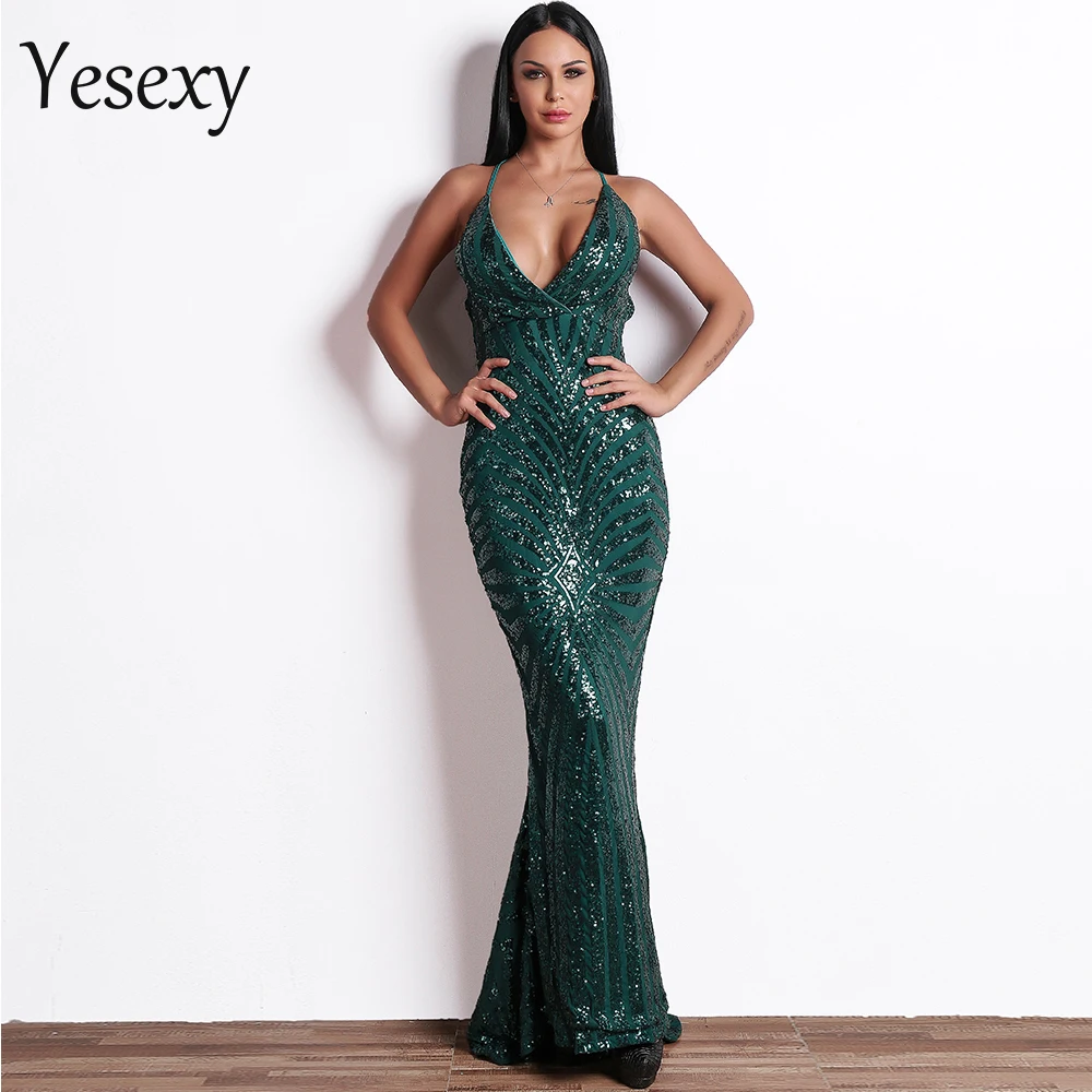 Yesexy, летнее Сексуальное Женское Платье для вечеринки, глубокий v-образный вырез, элегантное ретро платье с открытой спиной, с блестками, облегающее Макси платье для вечеринки, vestidos VR8928-3