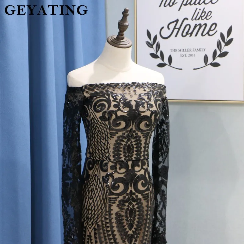 Дешевое Черное вечернее платье русалки с длинным рукавом, элегантное женское вечернее платье с открытыми плечами, вечерние платья в арабском Дубае
