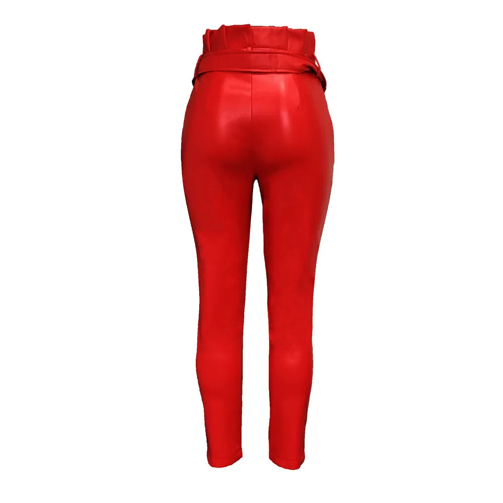 Новинка, женские облегающие штаны из искусственной кожи с поясом и оборками, модные красные черные брюки GLCX093