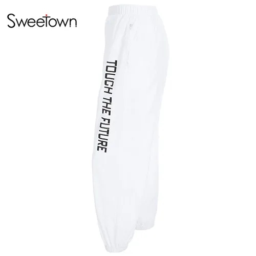 Sweetown размера плюс Pantalon Большие женские белые Харадзюку шаровары уличный стиль с принтом Высокая талия брюки карго женские спортивные штаны - Цвет: white