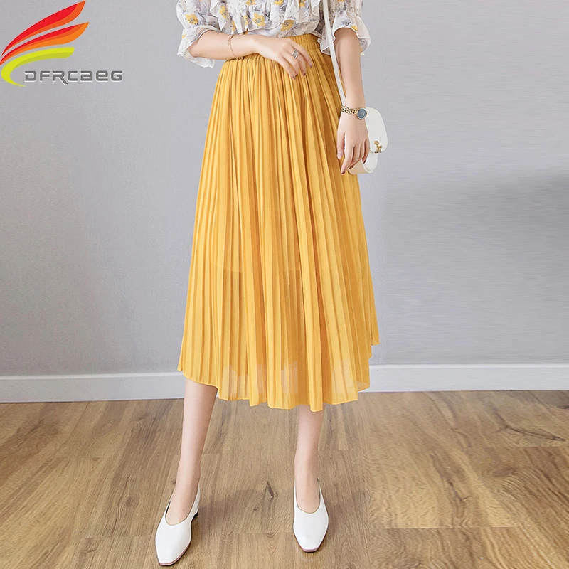 

High Waist Pleated Skirt Women Solid Color Chiffon Casual Midi Length Elastic Waist Skirt Spring Autumn Fashion Skirts Womens