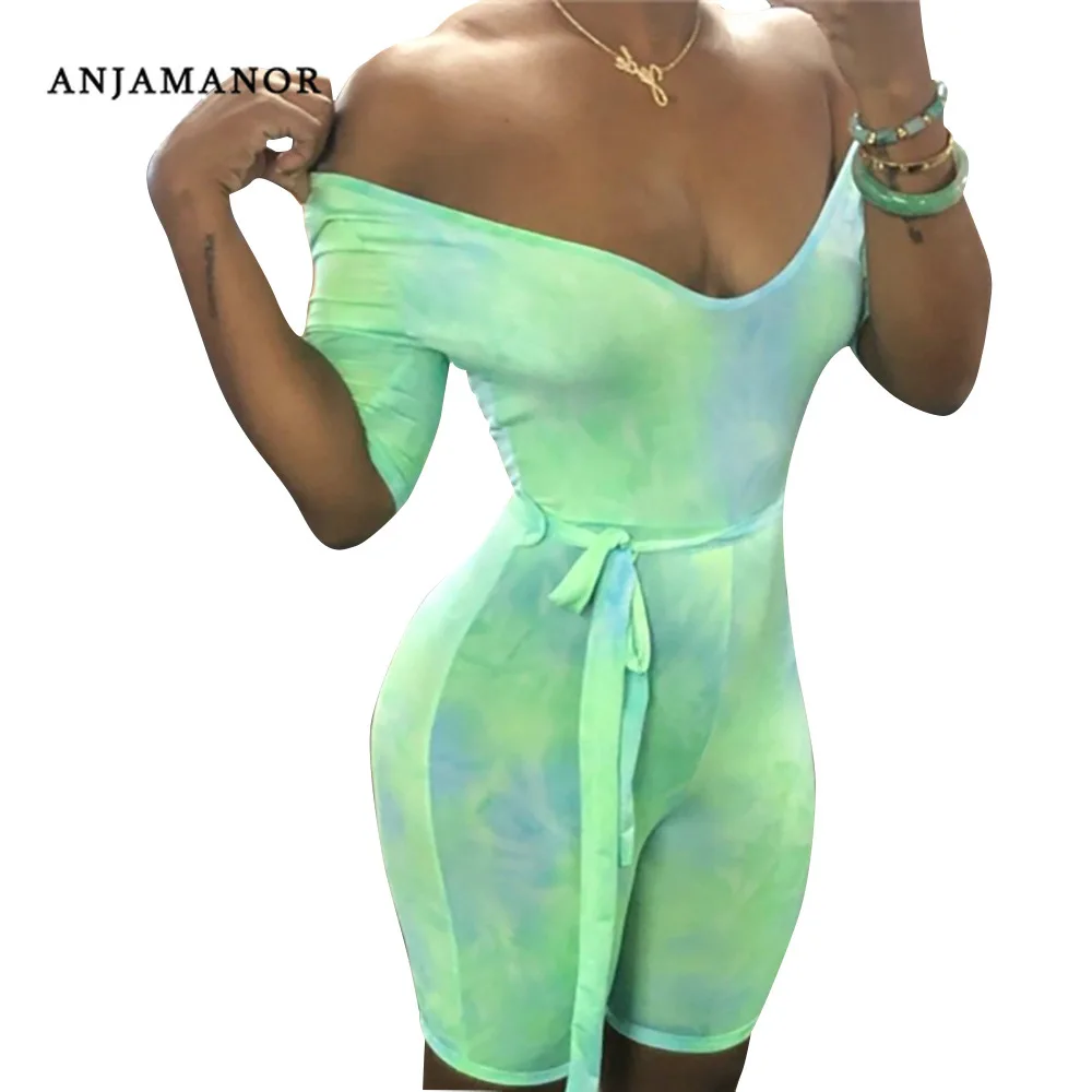 

ANJAMANOR Tie Dye Casual Off Shoulder Bodycon Rompers Playsuits Womens Jumpsuit Short 2019 Summer One Piece Outfit D54-AB05