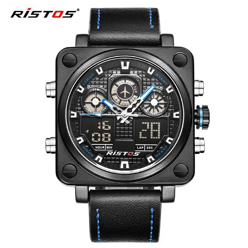 Ristos хронограф Для мужчин многофункциональные спортивные часы в стиле милитари кожа аналоговые модные наручные часы, наручные часы с механизмом, мужские часы Уникальный 9343 - Цвет: Black Blue