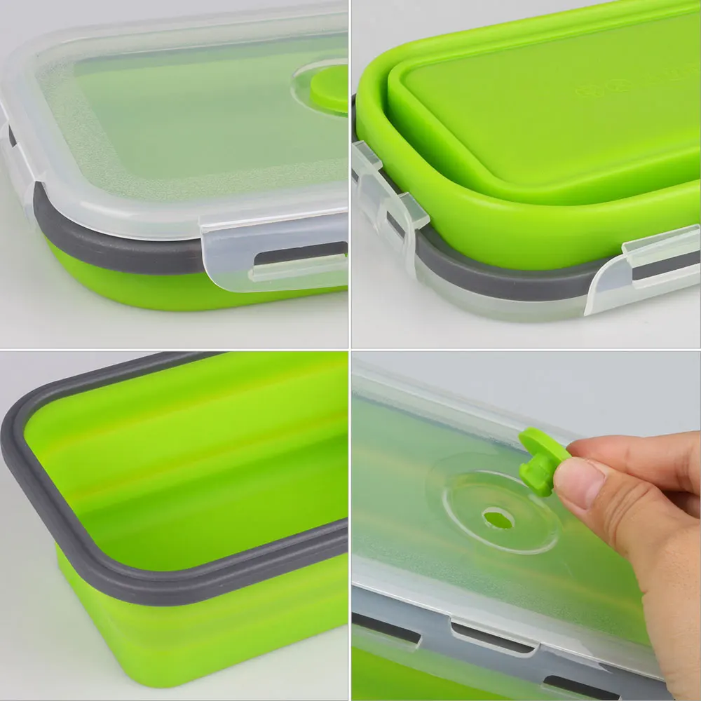 Силиконовый складной Ланч-бокс, контейнер для хранения еды, Bento BPA Free, Microwavable, портативный, для пикника, кемпинга, прямоугольная, открытая коробка