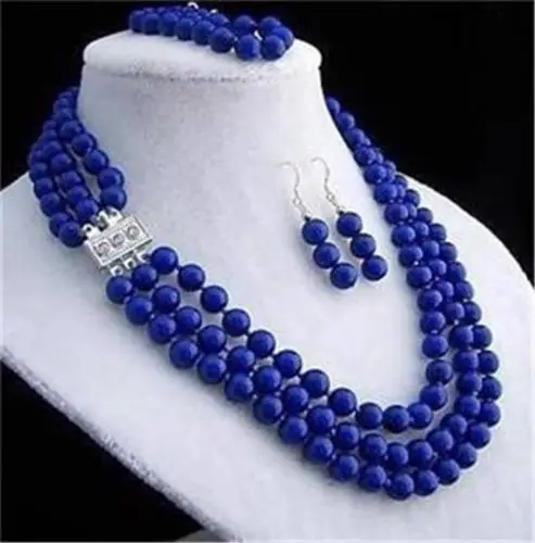 

Hot selling> 3 rows 8mm lapis lazuli necklace bracelet earring sets GE4556 -Bride jewelry free shipping