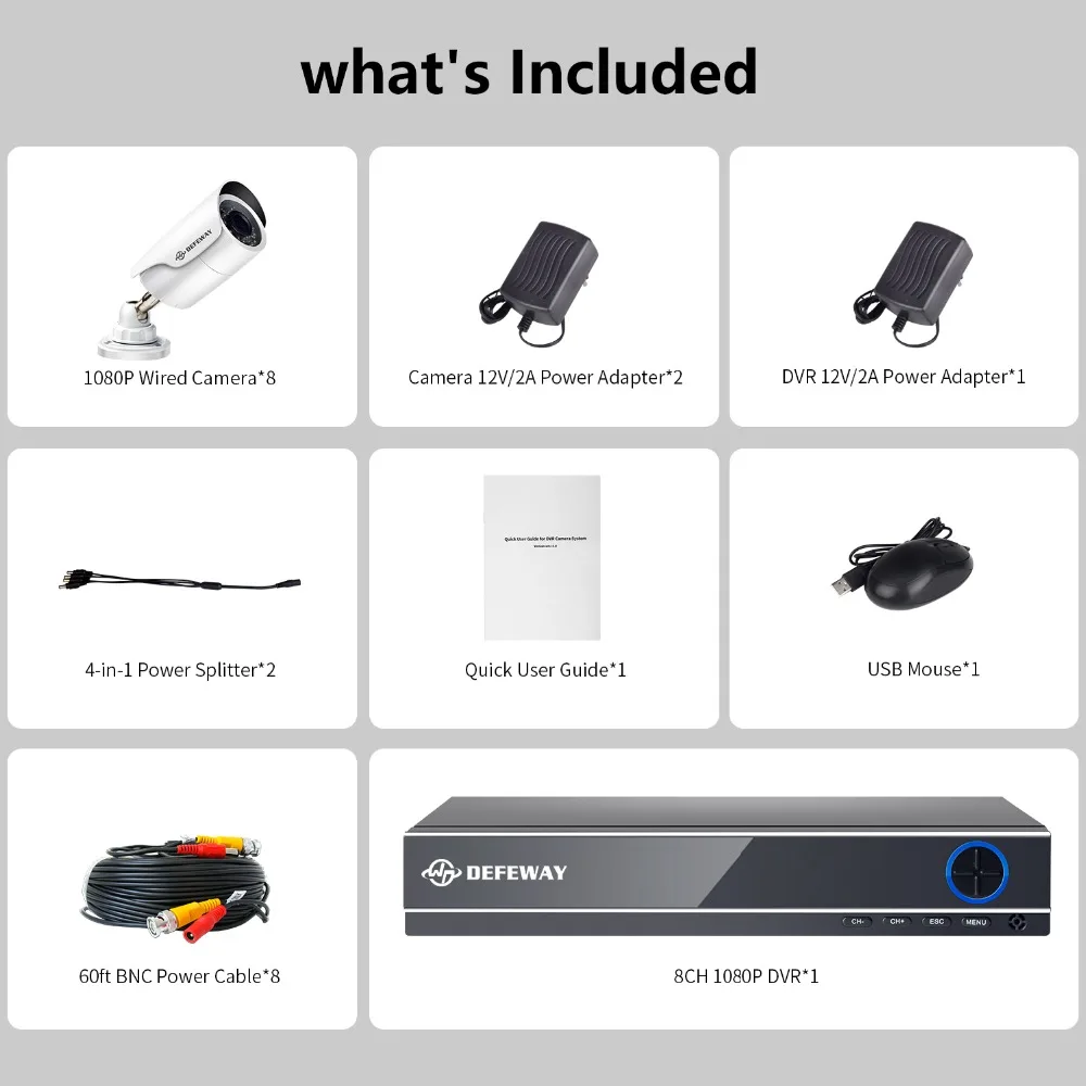 DEFEWAY 1080P HD Outdoor CCTV System HDD 8CH DVR 1080P HDMI Output  Home Video Surveillance Weatherproof Security Camera 2000TVL