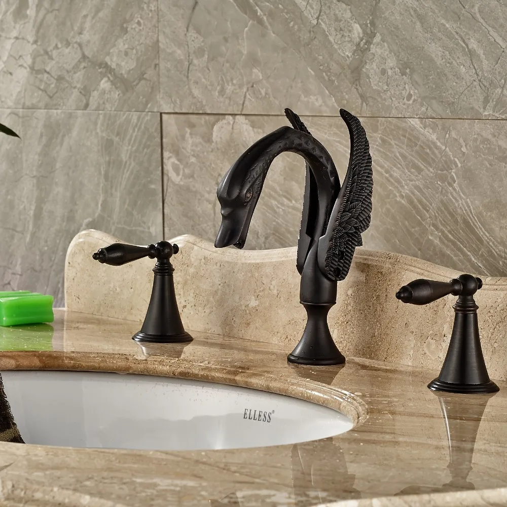 Elegant Oil Rubbed Bronze Swan Bathroom Basin Faucet Dual Handles Sink