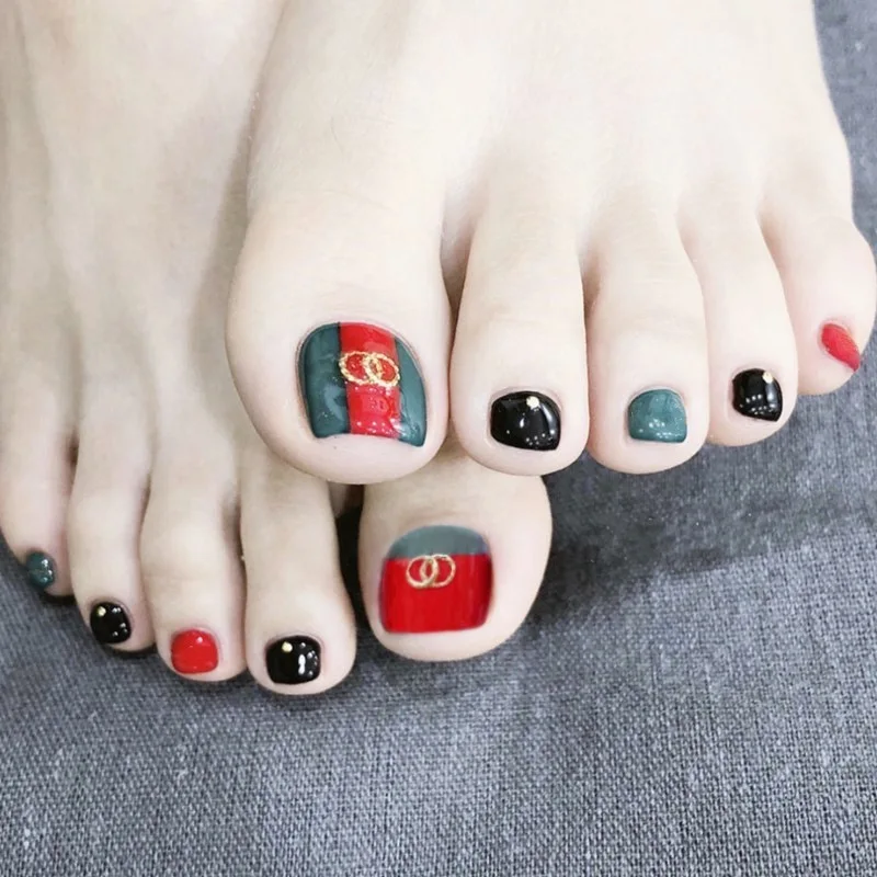 

24Pcs Green Red Fake Toe Nails With Stripe Rivets Designs Full Cover False Feet Nails Acrylic Faux Ongles With Glue Sticker