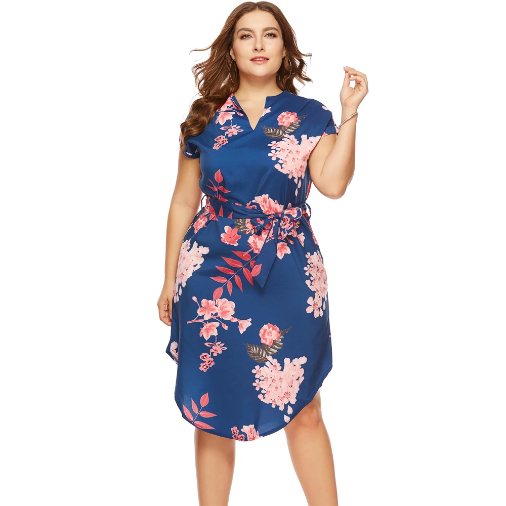 

Wipalo Fashion Women Plus Size Dresses Summer Casual Long V-Neck Short Sleeve Flower Print Loose Dress Vestidos Women Big Size