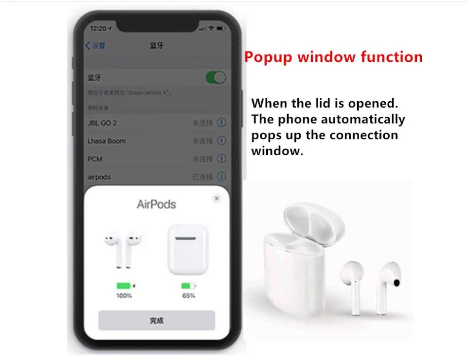 

Newest w1 chip 1:1 Airps battery pop up Mini Wireless Bluetooth Connect Headphone & Earphone For iPhone 7 8 X XS Max Pad