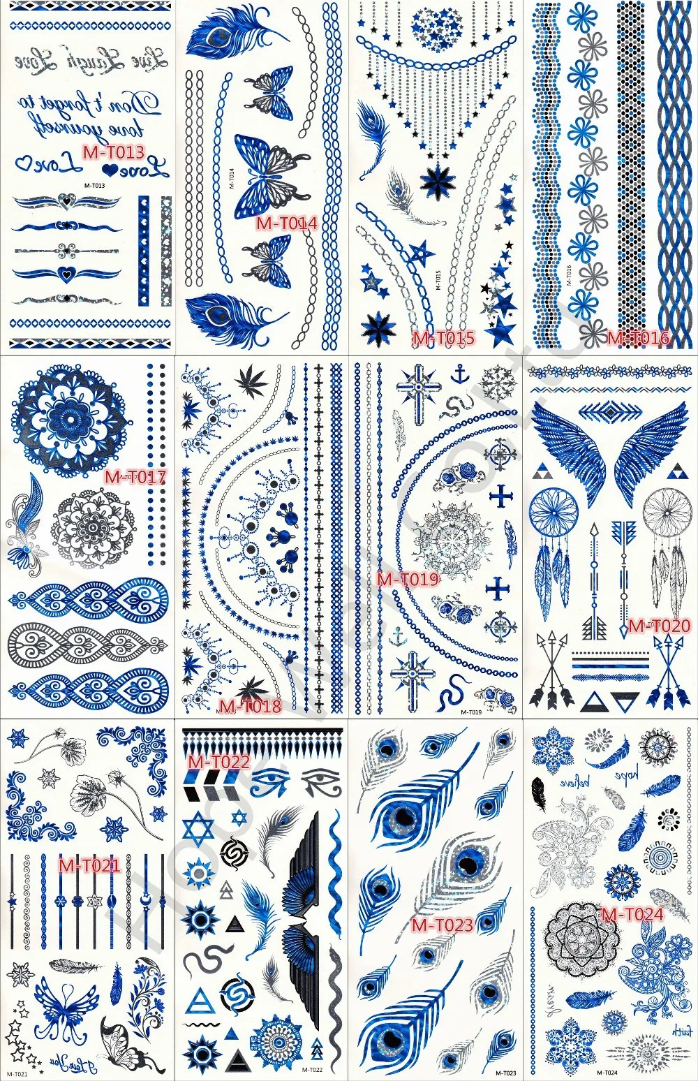 Modelos para Escolher Lote Tira Azul Metálico Adesivo Instantâneo Pena Totem Tatuagem Temporária Body Art Tatuagens 12 100 Pçs - 2 Tatuagens temporárias