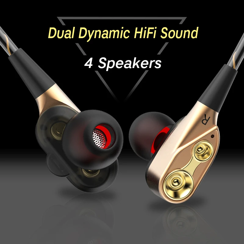 

3.5mm HiFi Wired Earphone Dual-Dynamic Quad-core Speaker In-ear earbuds Flexible Cable Anti-wrap with HD Microphone