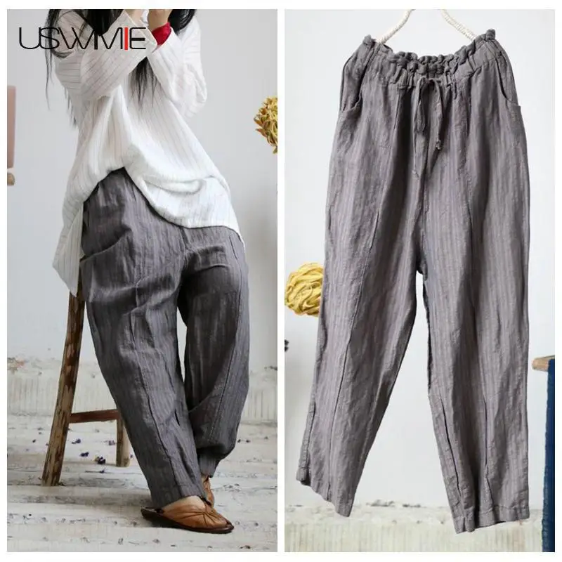 

USWMIE 2018 Summer Trousers Women Literature Vintage Joker Linen Elastic Waist Solid Color Comfort Pockets Gray Wide Leg Pants