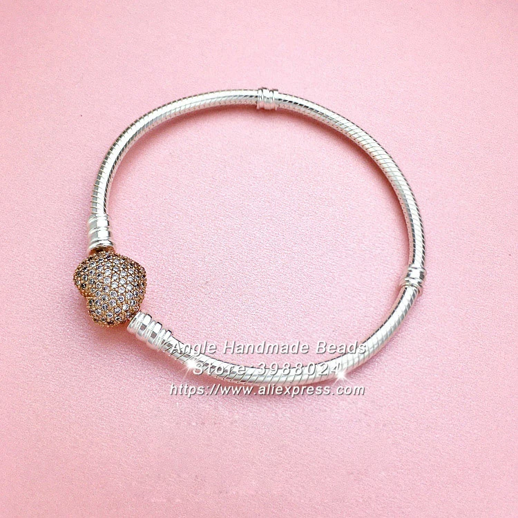 

2017 Autumn Rose Gold Sterling Silver Pave Heart Clasp Bracelet Snake Chain Bracelet Fit DIY European Charm Beads 016