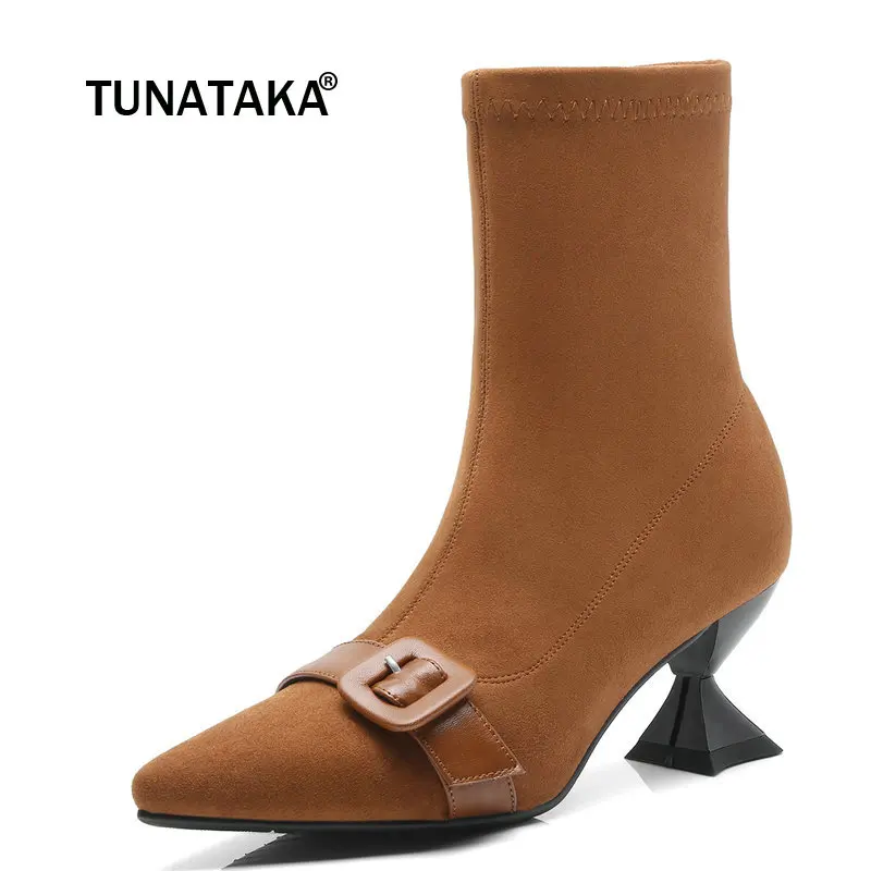 

Female Suede Strange Style Heel Ankle Boots Fashion Buckle Slip On Pointed Toe Women Fall Winter Bootie Black Brown