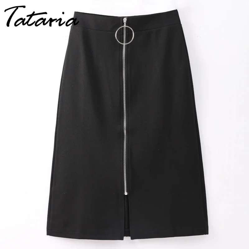 

TATARIA Mid Skirts For Women Plus Size High Waisted Skirt Womens Summer Zipper Knee-Length Saia De Couro Black Skirts Female