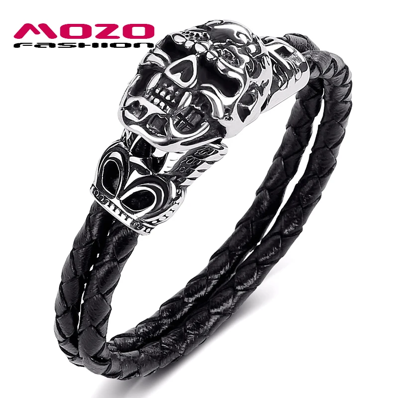 

MOZO FASHION Men Jewelry Black Double Layer Leather Bracelet Stainless Steel Punk Demon skull Charm Exaggeration Bracelet PS1030