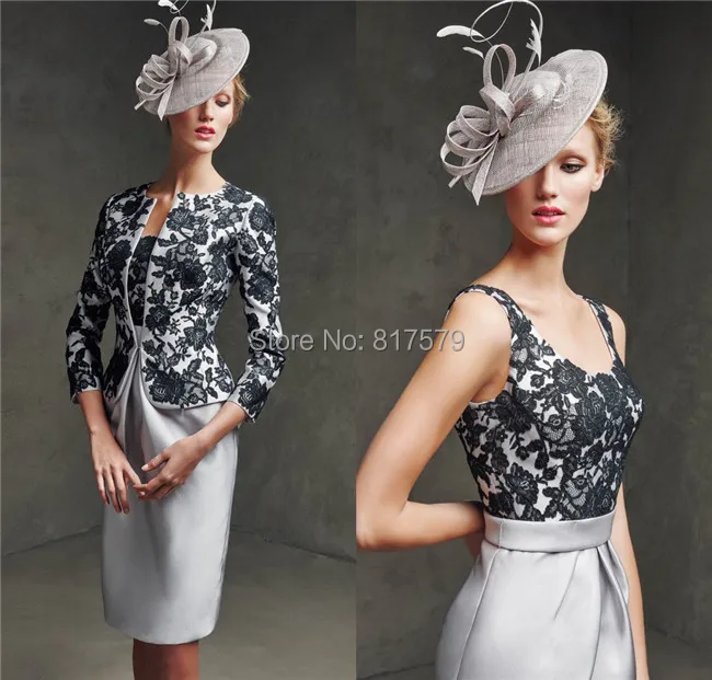 Sliver Color Knee Length Black Lace With Jacket Satin Mother Evening For Fat Women Real Sample Cheap 2015 Cocktail Party Dresses | Свадьбы и
