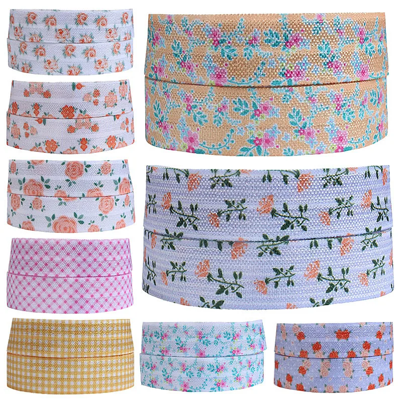 

(50 yards/lot) Thermal transfer printed flower patterns fold over elastic ribbon for hair ties