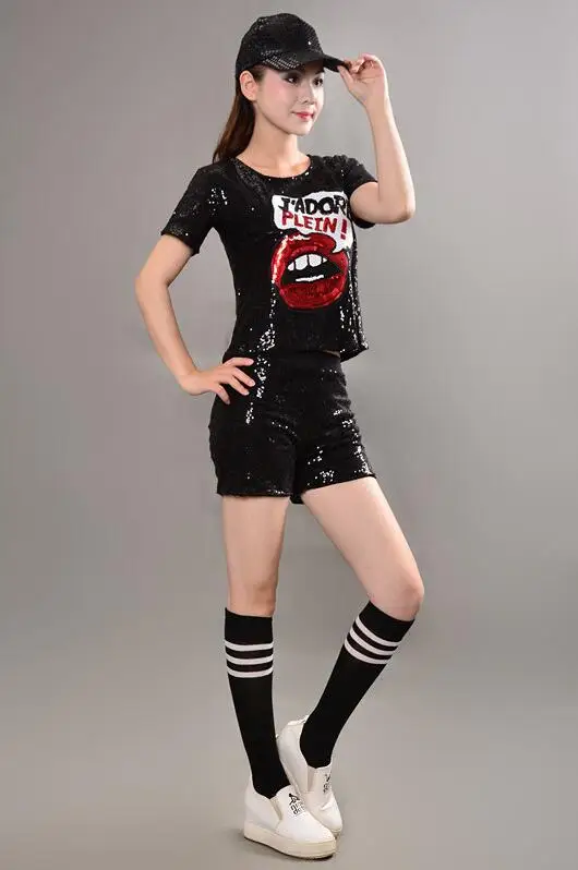 Ночной клуб DS Женская Джаз танцевальная одежда для взрослых леди блестками танцевальная одежда Топы+ брюки куртка хип-хоп танцевальные костюмы - Цвет: Черный