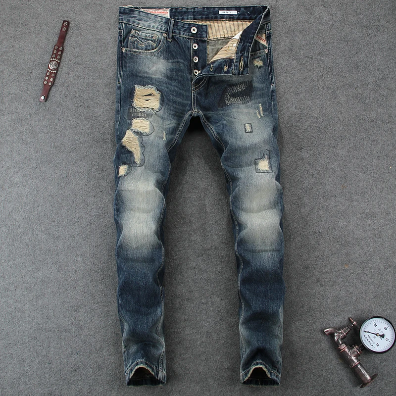 

Italian Style Fashion Mens Jeans High Quality Slim Fit Frayed Hole Ripped Jeans For Men Brand Clothing Denim Biker Jeans Pants