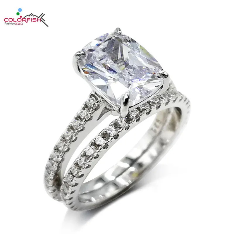 

COLORFISH 2 Pcs Solid 925 Sterling Silver Cushion Cut 4ct Engagement Ring Set Sona Jewelry Women Wedding Bridal Ring Set
