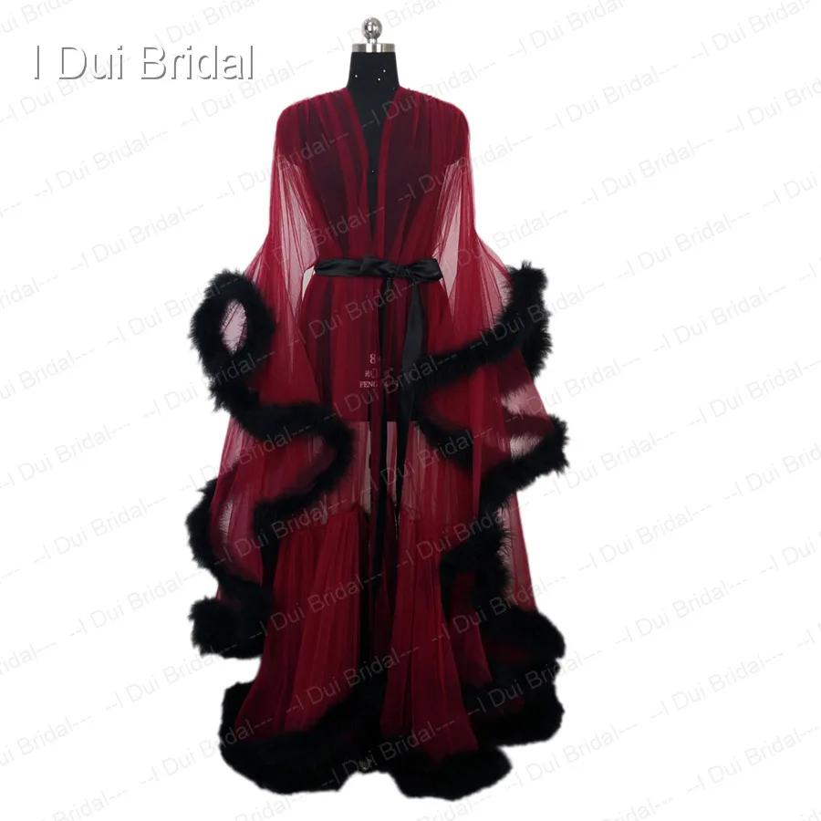 Burgundy black mix Бургундия перо халат будуар Тюль Иллюзия Свадебный Халат длинный подарок для невесты, вечерние платья - Цвет: Burgundy black mix