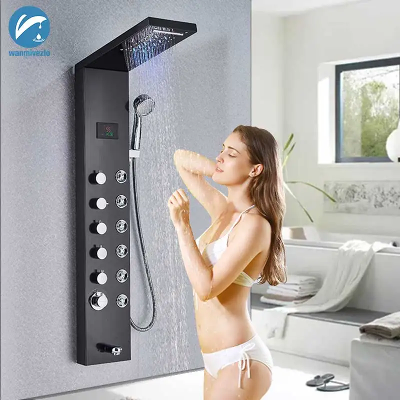

Black Hydroelectricity Digital Display Shower Panel Column LED Rain Waterfall Shower Column Tower LED Shower Panel System