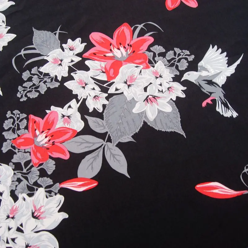 

124 - 140cmx50cm Cotton Woven Fabric - Bird and flower on black