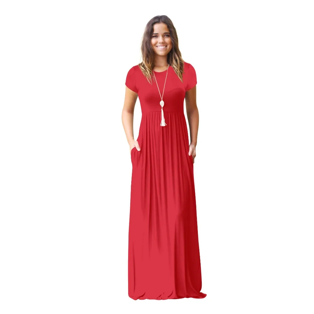 

2018 Summer Short Sleeve Solid Long Maxi Beach Dresses For Women vestido de festa longo Dress With Pockets