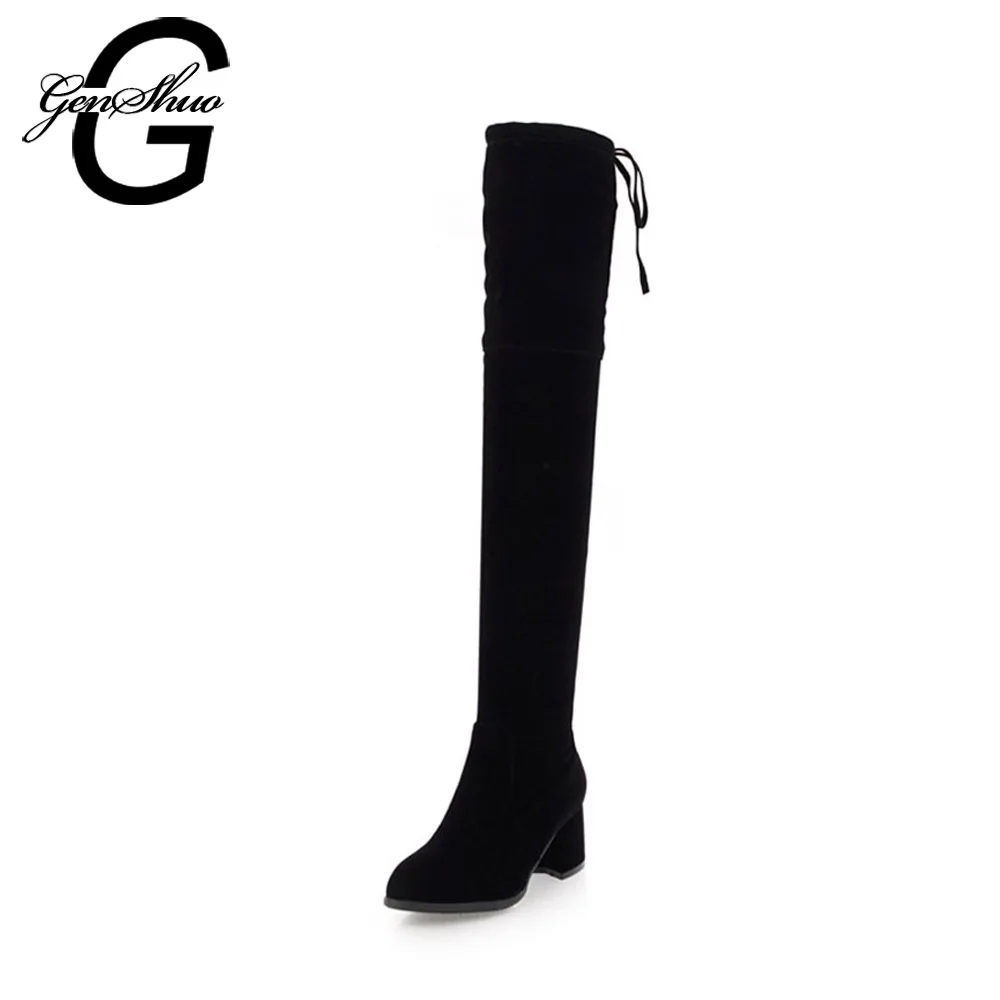 

GENSHUO 2018 New Thigh High Boots Warm Flock Leather Women Over The Knee Boots Lace Up Sexy High Heels Women Shoes Winter Boots