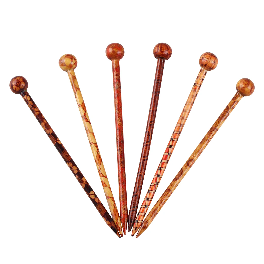 6 Pcs Retro Hair Sticks Printed Wood Hairpin Wooden Hairpin Needle Headdress Handmade Chinese Chopstick Style Hair Jewelry