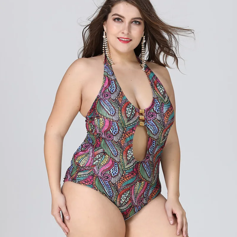 

Sexy Lady Hanging Neck Swimwear Summer Beach Woman One Piece Swimsuit print flower Bathing Suit Plus size Monokini bikini set