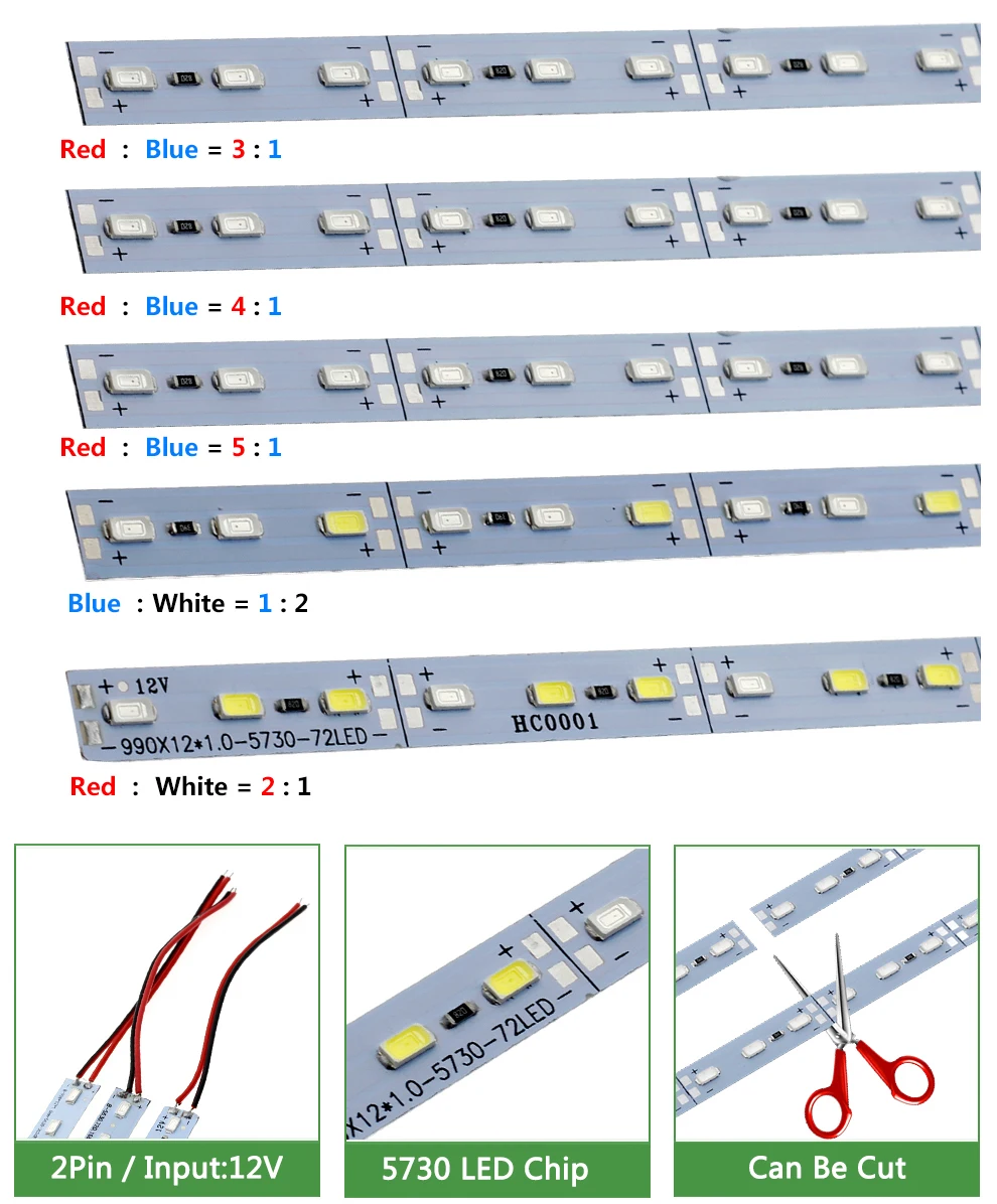 10 шт./лот, светодиодный светильник для выращивания в помещении, 12 В постоянного тока, 5730, 50 см, светодиодный стержень, жесткая полоса, красный, синий цвет, для аквариума, зеленый дом, растение, освещение для выращивания растений