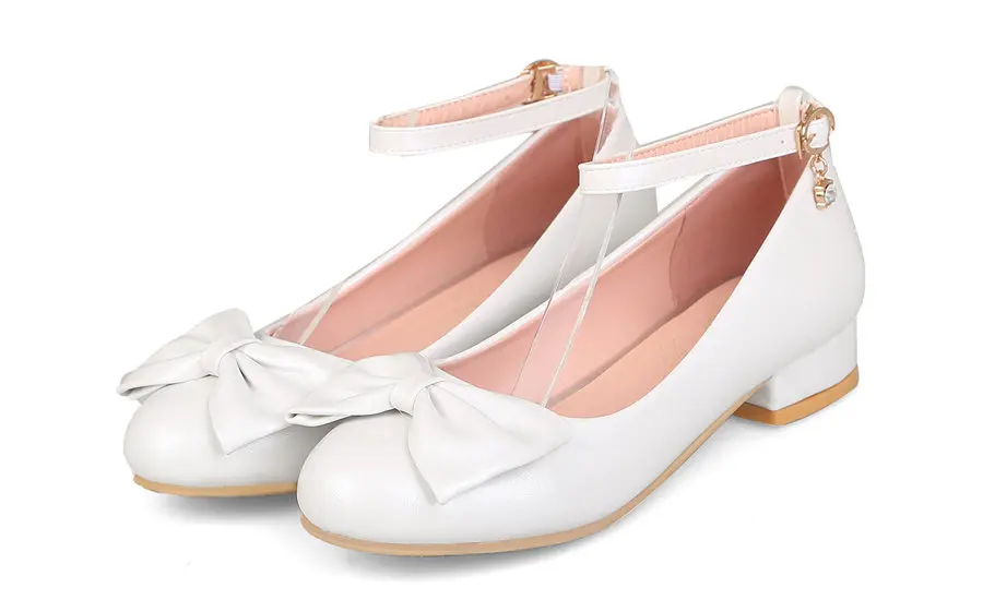 Милые женские туфли-лодочки с бантиком; Белые Повседневные Вечерние туфли на низком квадратном каблуке из искусственной кожи с круглым носком; Ремешок на лодыжку с кристаллами; Женская обувь в стиле Лолиты