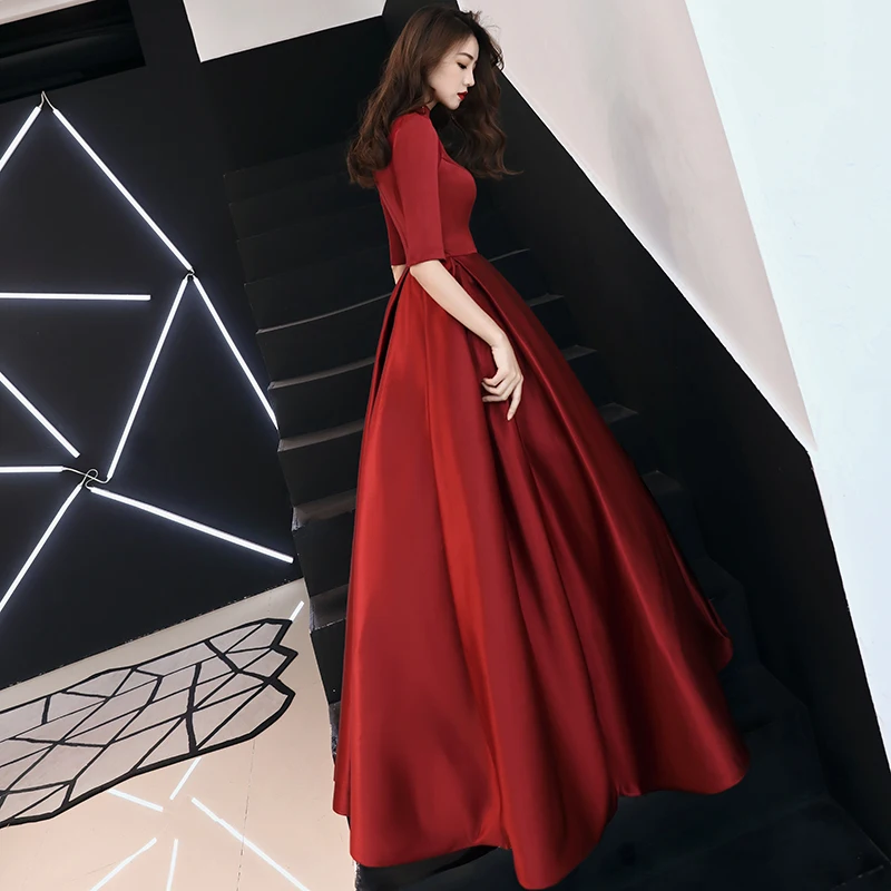 Elegant O-neck Ball Gown Evening Dresses Long 2019 Wine Red Satin Plus Size Muslim Formal Dresses For Women