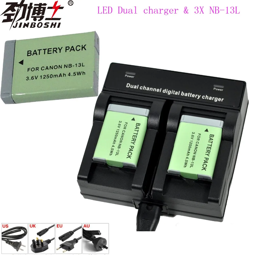 3Pcs NB 13L 1250mAh NB 13L NB13L Battery + Dual LED Charger for Canon