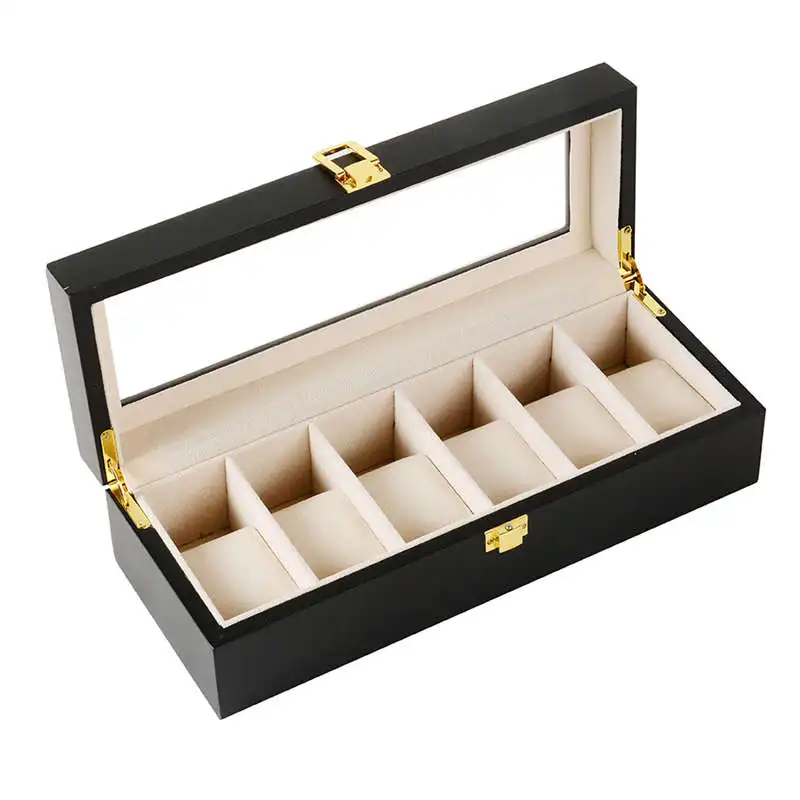 

6 Plaid Black Wooden Watch Box Jewelry Display Storage Storage Watch Box