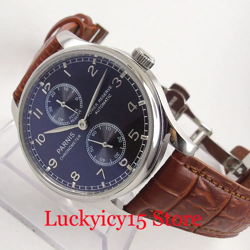 

Luxur Dress PARNIS 43mm Watch Dial Brown Dial Deployment Clasp Power Reserve Indicator