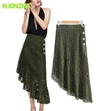 N. XINZHE, женская одежда, высокая талия, на пуговицах, одноцветная, асимметричная, кружевная юбка, для женщин, высокая уличная мода, облегающие миди юбки S5141
