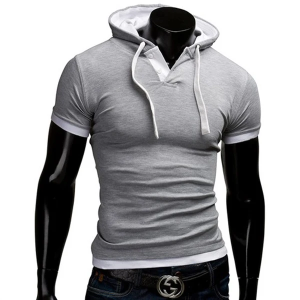 Летняя мода с капюшоном слинг с коротким рукавом футболки мужские футболки тонкие мужские топы 4XL - Цвет: Light gray