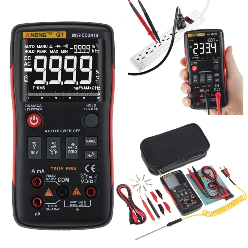 

Q1 True-RMS Digital Multimeter Auto Button 9999 Counts Analog Bar Graph Tester AC/DC Voltage Ammeter Current Ohm Transistor