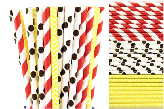 

Free Ship 200pcs Mickey Minnie Mouse Paper Straw Mix Red Striped Black Polka Dot Yellow Chevron Birthday Party Drinking Straw